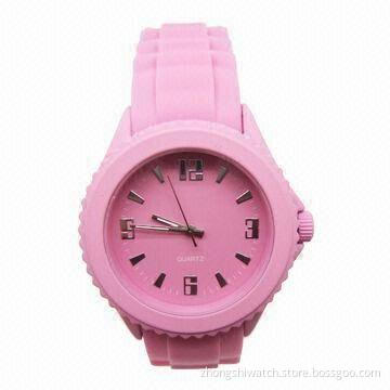 Pink Japan Quartz Silicone Watch with Zinc Alloy Case, Silicone Strap and 5ATM Water-resistant